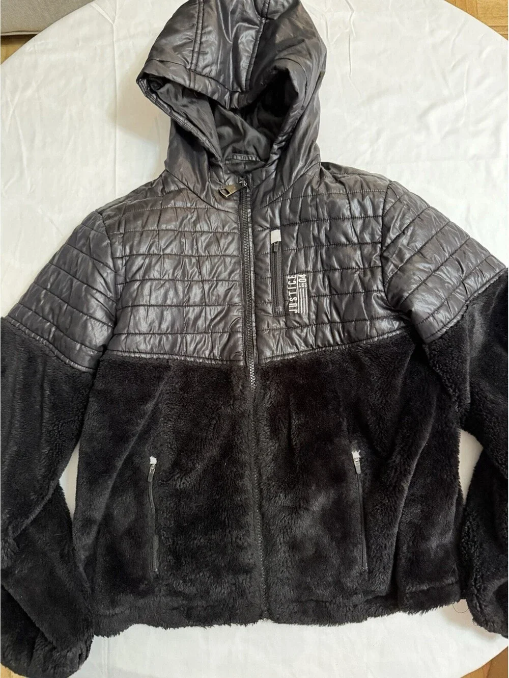 Justice Girls Black Puffer Jacket Faux Fur Sleeves Hooded Zip Size 14 P Logo EUC